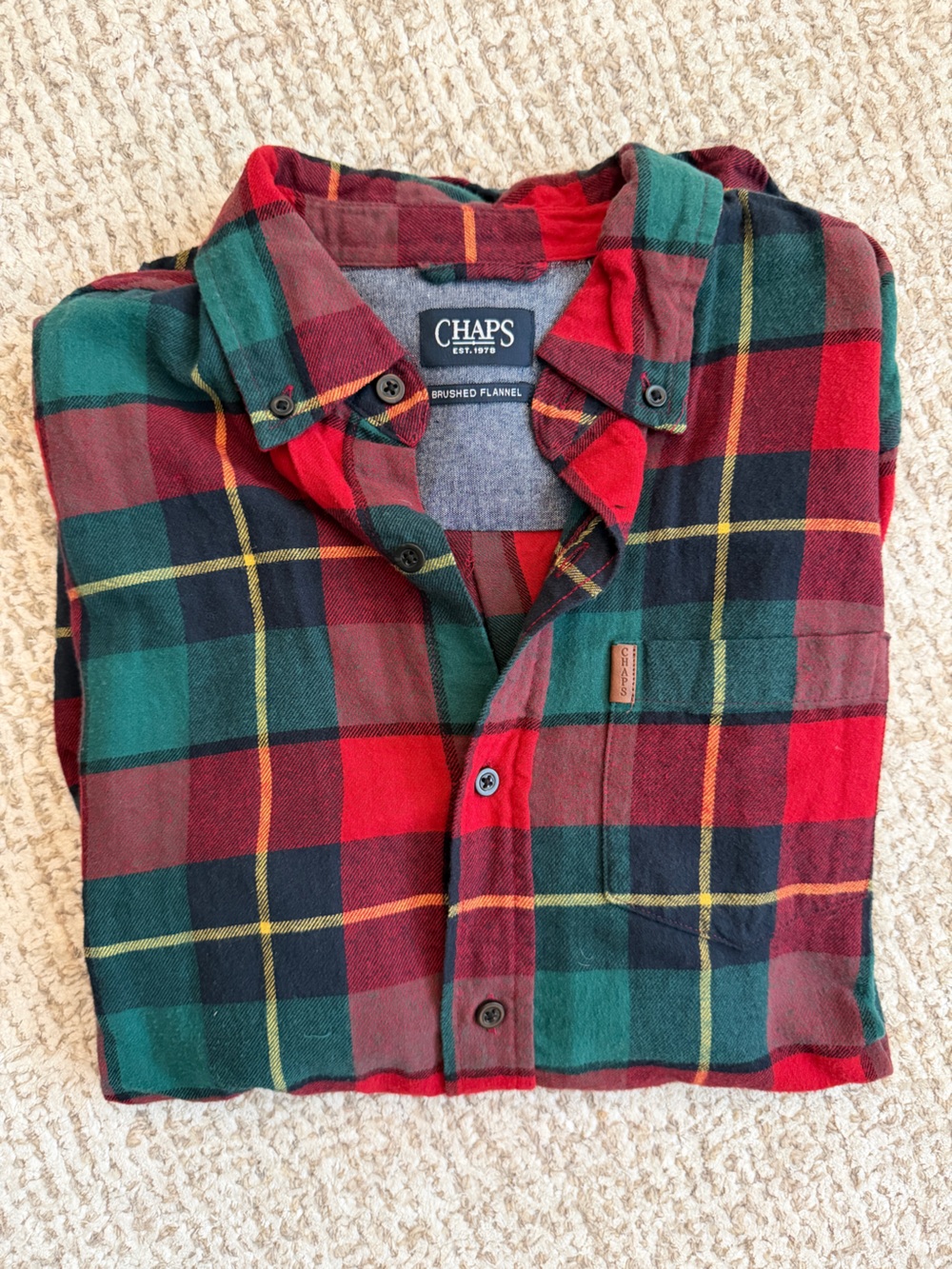Chaps Men's Red, Green & Black Plaid Button-Down Brushed Flannel Shirt